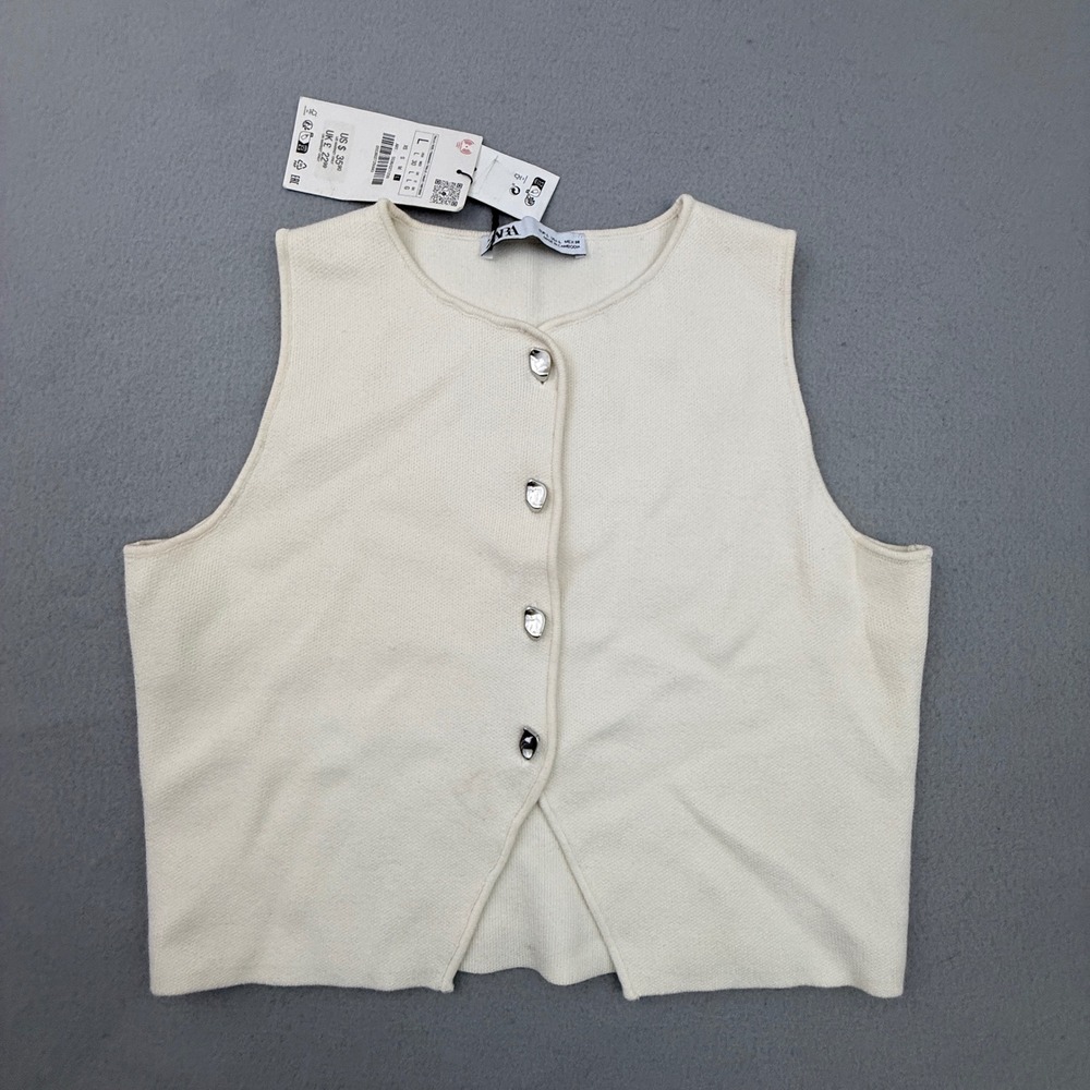 Zara Vest Women Large Cream Textured Knit Asymmetric Hem Silver Button Front
